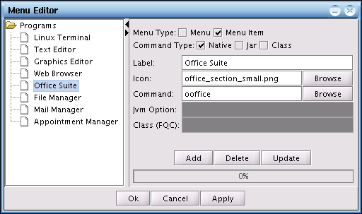 Default desktop Menu Editor screenshot.